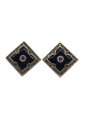 Judith Jack Sterling Silver Black Enamel Amethyst Clip-On Earrings Vintage